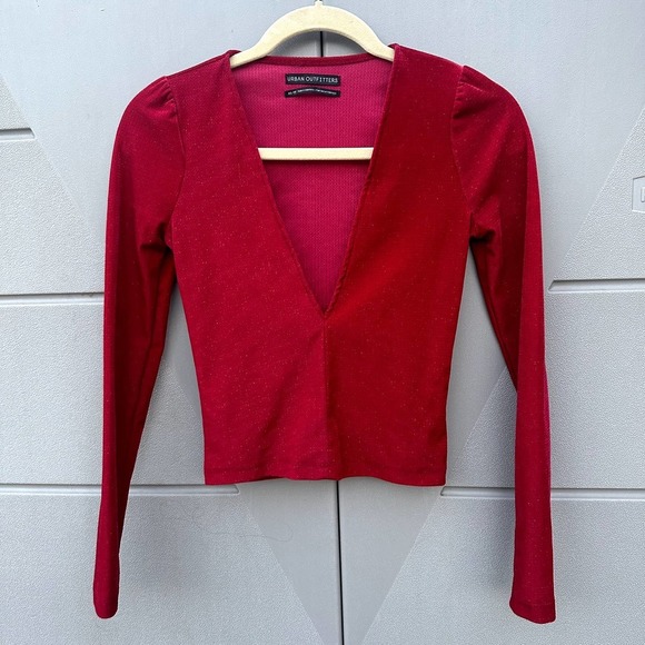 Urban Outfitters Bree Red Metallic Deep Plunge Velvet Long Sleeve Top XS - Picture 5 of 6